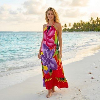 Summer Halter Dress Rayon Hand Painted Floral Design